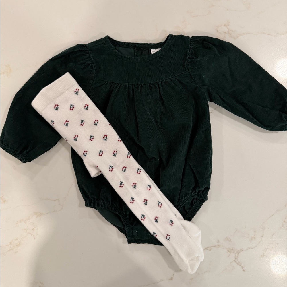 Emerald Green Romper with Festive White Tights